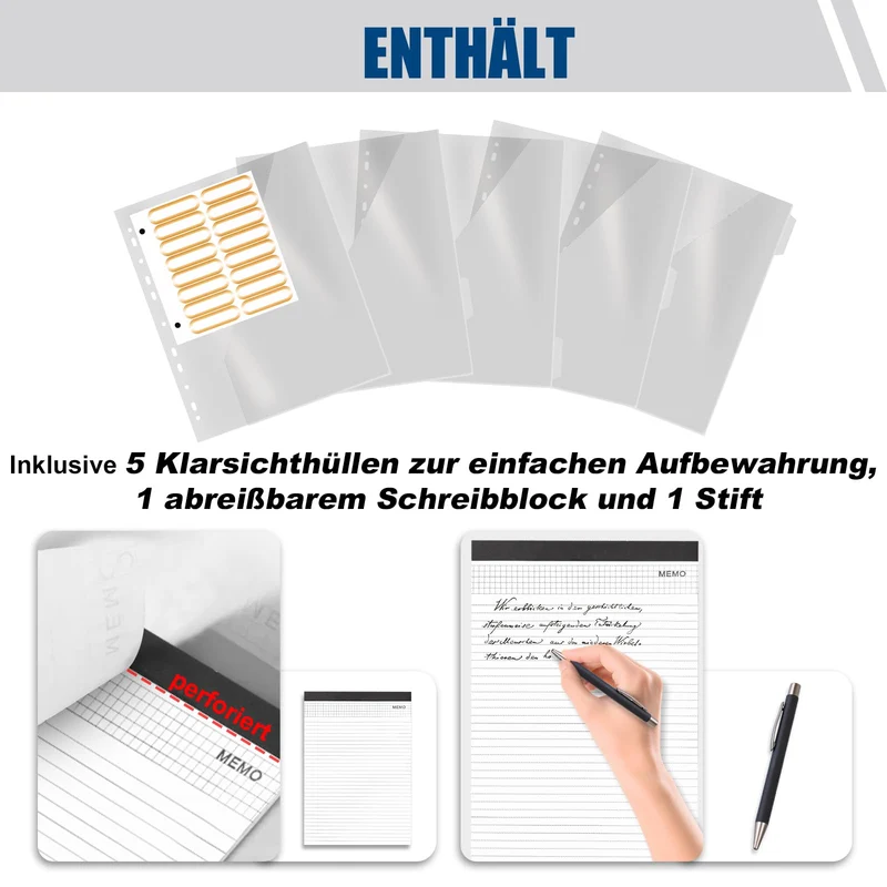 Schreibmappe A4 mit 5 Klarsichthüllen, Konferenzmappe mit Griff 4 Ringbuch Reißverschluss Klemmbrett Notizblock Stift, Dokumentenmappe Aktenmappe Ordner für Büro Business Uni Schule Schwarz