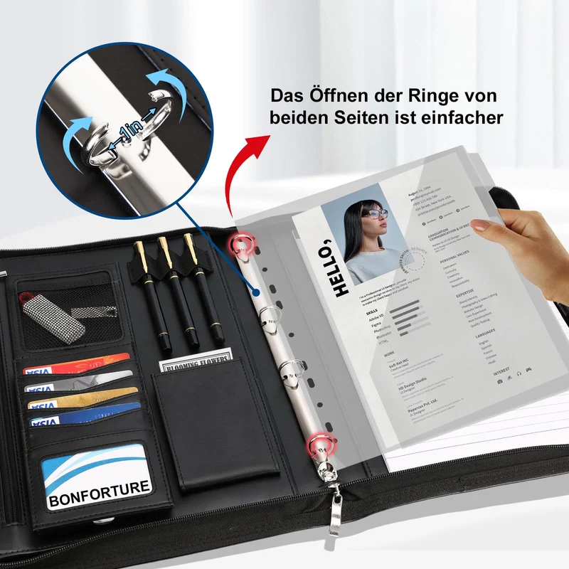 Schreibmappe A4 mit 5 Klarsichthüllen, Konferenzmappe mit Griff 4 Ringbuch Reißverschluss Klemmbrett Notizblock Stift, Dokumentenmappe Aktenmappe Ordner für Büro Business Uni Schule Schwarz