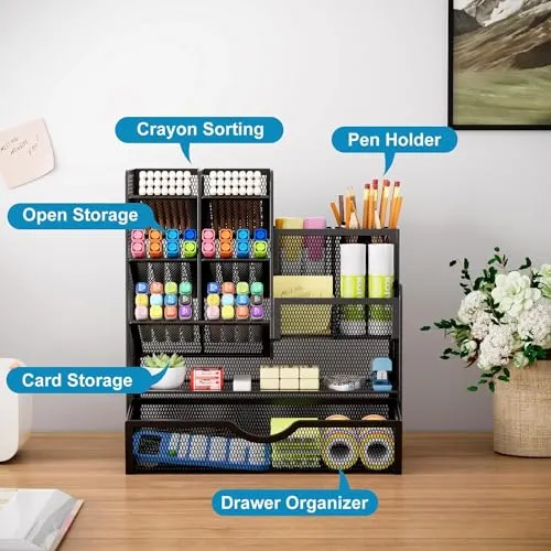 Marbrasse Netz Schreibtisch Organizer, Multifunktionaler Stifte Halter mit Schublade, Aufbewahrung Regal für Schul Heim Büro Bedarf, Schwarz