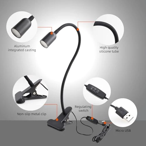 da LIGHT Leselampe Bett Klemme, LED Schreibtischlampe Klemmbar mit 3 Farbtemperaturen, Dimmbare Klemmlampe Bett, USB Tischlampe mit Kabel Schwarz für Studieren Lesen Arbeiten