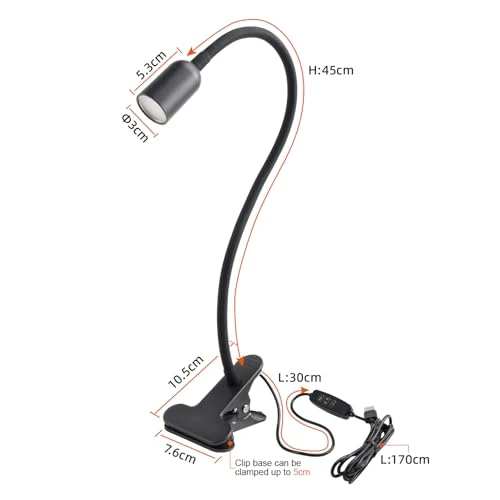 da LIGHT Leselampe Bett Klemme, LED Schreibtischlampe Klemmbar mit 3 Farbtemperaturen, Dimmbare Klemmlampe Bett, USB Tischlampe mit Kabel Schwarz für Studieren Lesen Arbeiten