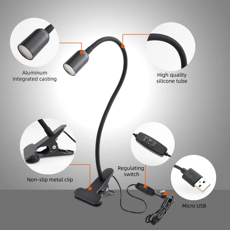 da LIGHT Leselampe Bett Klemme, LED Schreibtischlampe Klemmbar mit 3 Farbtemperaturen, Dimmbare Klemmlampe Bett, USB Tischlampe mit Kabel Schwarz für Studieren Lesen Arbeiten