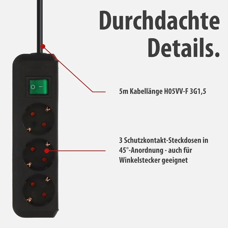 Brennenstuhl Eco-Line Steckdosenleiste 3-Fach (Mehrfachsteckdose mit erhöhtem Berührungsschutz, Schalter und 5m Kabel) schwarz