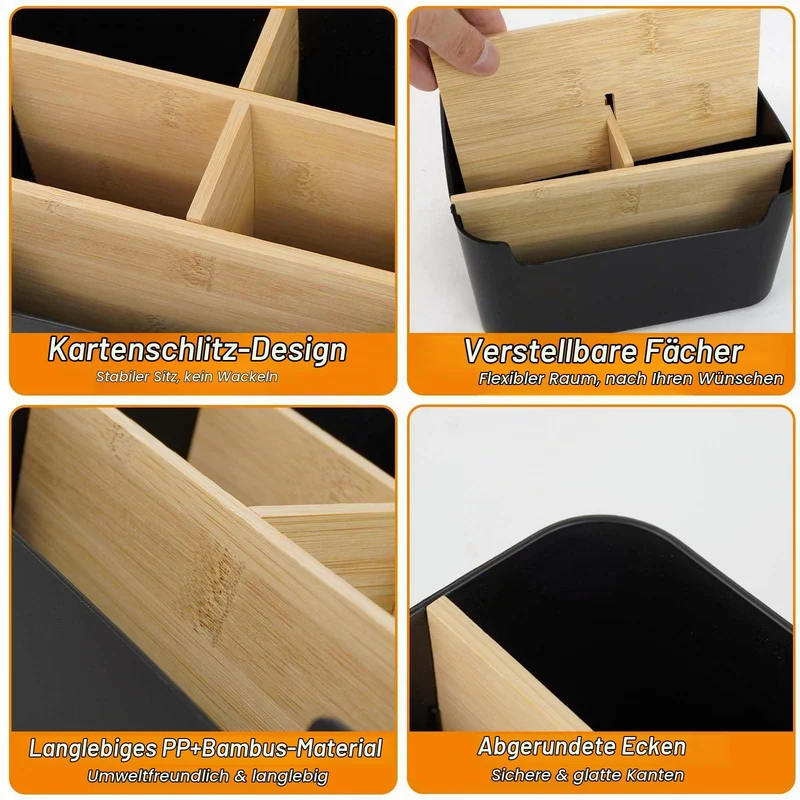 Schreibtisch Organizer aus Bambus, 5 Fächer Abnehmbarer Büro Organizer in Schwarz, Stiftehalter Holz Aufbewahrungsbox für Büro, Schule, Kosmetik, Fernbedienung & Kleine Gegenstände