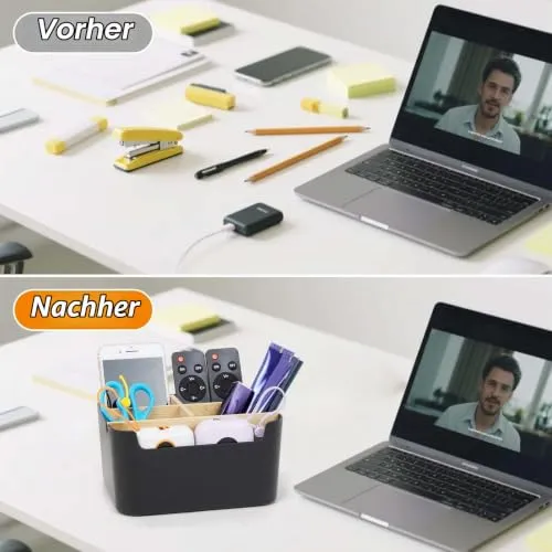 Schreibtisch Organizer aus Bambus, 5 Fächer Abnehmbarer Büro Organizer in Schwarz, Stiftehalter Holz Aufbewahrungsbox für Büro, Schule, Kosmetik, Fernbedienung & Kleine Gegenstände