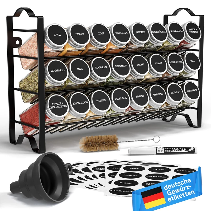 Deco haus® Gewürzregal Stehend & Wand [MIT GEWÜRZDOSEN & ETIKETTEN] - Gewürz Organizer - Spice Rack Organizer - Gewürzständer - Gewürzregalsystem Hängend - Gewürzaufbewahrung - Gewürzgläser mit Regal