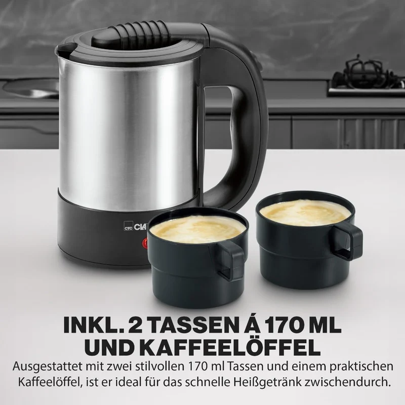 Clatronic® Wasserkocher klein 0,5 Liter | Reisewasserkocher inkl. 2 Tassen, Reisebeutel und Löffel | Edelstahlgehäuse | Mini Wasserkocher | 1000W | Camping Wasserkocher | WKR 3624