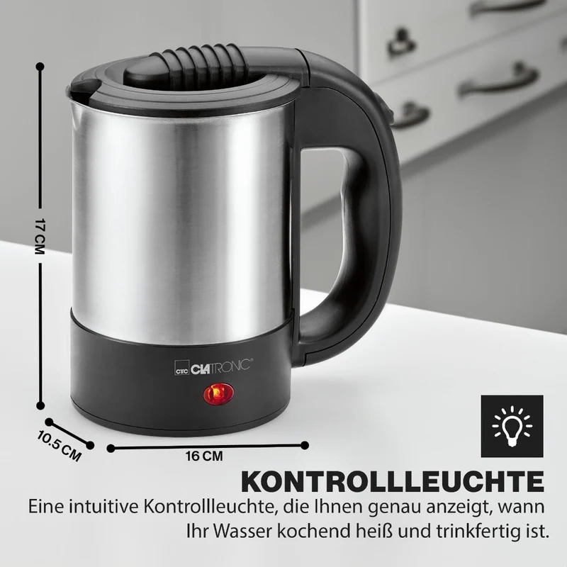 Clatronic® Wasserkocher klein 0,5 Liter | Reisewasserkocher inkl. 2 Tassen, Reisebeutel und Löffel | Edelstahlgehäuse | Mini Wasserkocher | 1000W | Camping Wasserkocher | WKR 3624