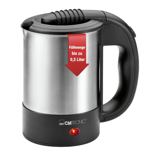 Clatronic® Wasserkocher klein 0,5 Liter | Reisewasserkocher inkl. 2 Tassen, Reisebeutel und Löffel | Edelstahlgehäuse | Mini Wasserkocher | 1000W | Camping Wasserkocher | WKR 3624