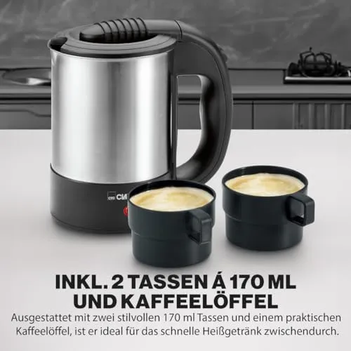 Clatronic® Wasserkocher klein 0,5 Liter | Reisewasserkocher inkl. 2 Tassen, Reisebeutel und Löffel | Edelstahlgehäuse | Mini Wasserkocher | 1000W | Camping Wasserkocher | WKR 3624