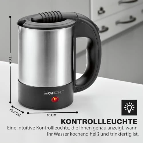 Clatronic® Wasserkocher klein 0,5 Liter | Reisewasserkocher inkl. 2 Tassen, Reisebeutel und Löffel | Edelstahlgehäuse | Mini Wasserkocher | 1000W | Camping Wasserkocher | WKR 3624