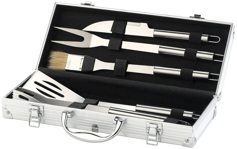 Rosenstein & Söhne Grillkoffer: Edelstahl-Grillbesteck im Aluminium-Koffer (Grillbesteckkoffer, Grillkoffer-Set, BBQ)