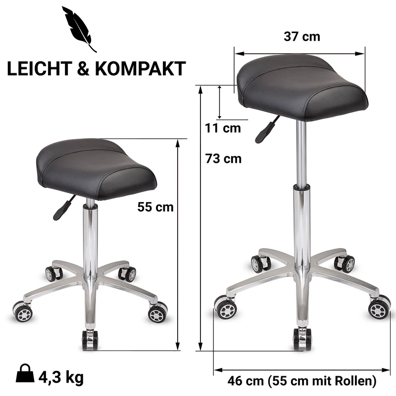 Staboos Rollhocker bis 160 kg - Sattelsitz ergonomisch geformter Praxishocker mit Rollen - Drehhocker höhenverstellbar (55 cm bis 75 cm) Breitsitz