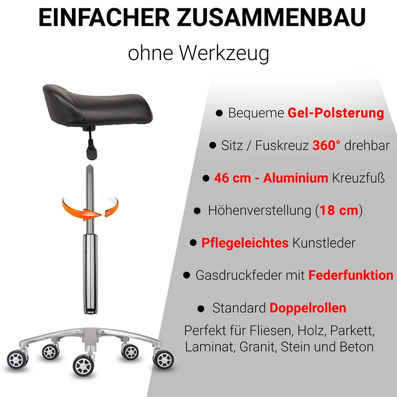 Staboos Rollhocker bis 160 kg - Sattelsitz ergonomisch geformter Praxishocker mit Rollen - Drehhocker höhenverstellbar (55 cm bis 75 cm) Breitsitz