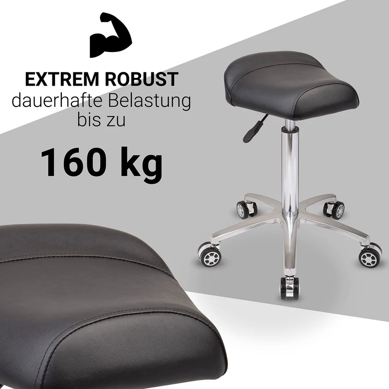 Staboos Rollhocker bis 160 kg - Sattelsitz ergonomisch geformter Praxishocker mit Rollen - Drehhocker höhenverstellbar (55 cm bis 75 cm) Breitsitz