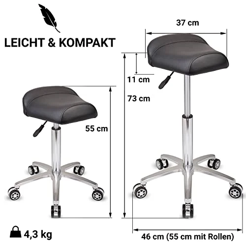 Staboos Rollhocker bis 160 kg - Sattelsitz ergonomisch geformter Praxishocker mit Rollen - Drehhocker höhenverstellbar (55 cm bis 75 cm) Breitsitz