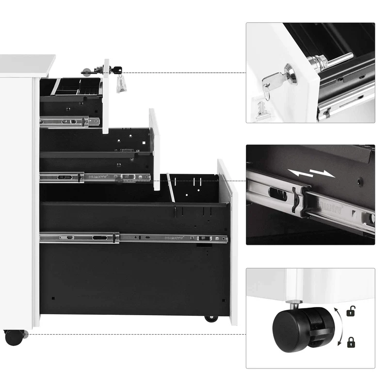 SONGMICS Rollcontainer, unter Schreibtisch, mit 3 Schublade, vormontiert
