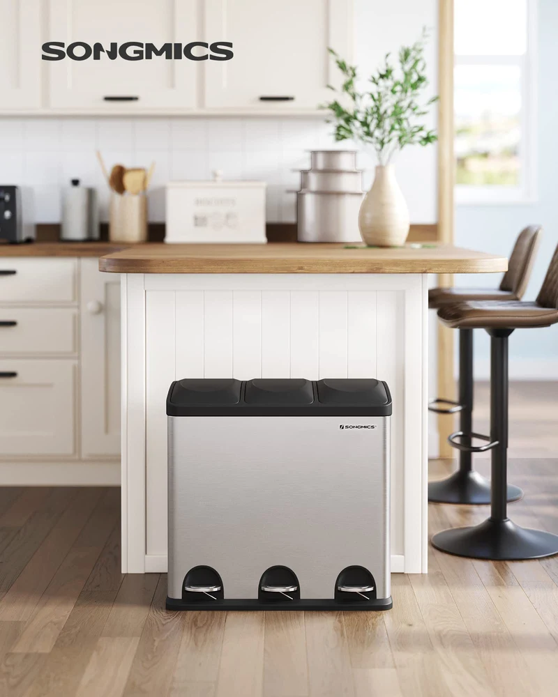 SONGMICS Mülleimer für die Küche, Treteimer mit 3 Fächern, 3 x 18 Liter