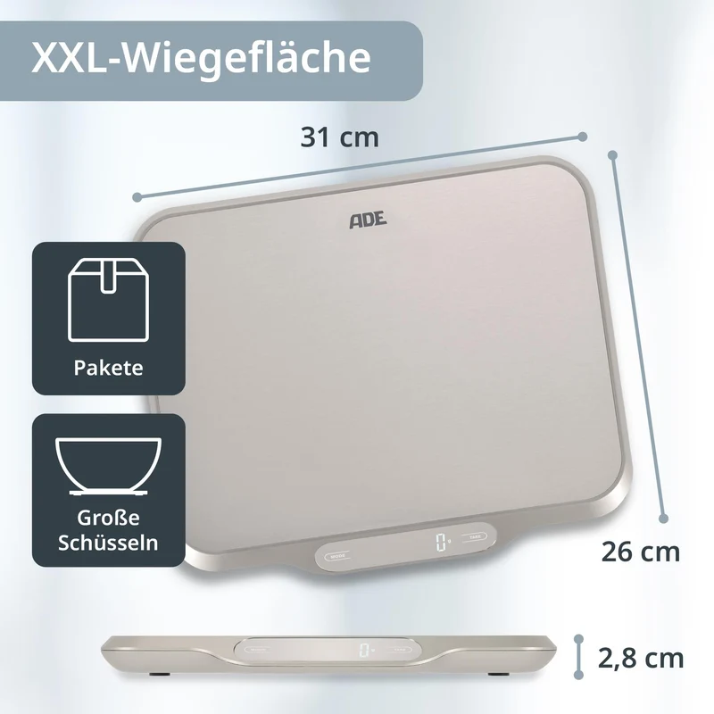 ADE Extra große Küchenwaage digital bis 15kg | Küchenwaage große Wiegefläche 26x31 cm | perfekt als Kuchenwaage, Paketwaage, Fleischwaage