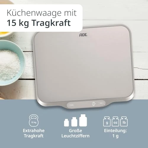 ADE Extra große Küchenwaage digital bis 15kg | Küchenwaage große Wiegefläche 26x31 cm | perfekt als Kuchenwaage, Paketwaage, Fleischwaage