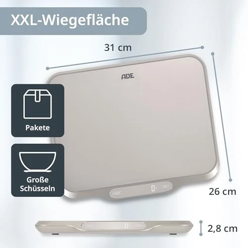 ADE Extra große Küchenwaage digital bis 15kg | Küchenwaage große Wiegefläche 26x31 cm | perfekt als Kuchenwaage, Paketwaage, Fleischwaage