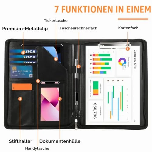 Konferenzmappe A4 PU Leder Multifunktional Wasserdicht Schreibmappe a4 mit Reißverschluss Schreibmappe Taschen Stifthalter und Karten Schwarz
