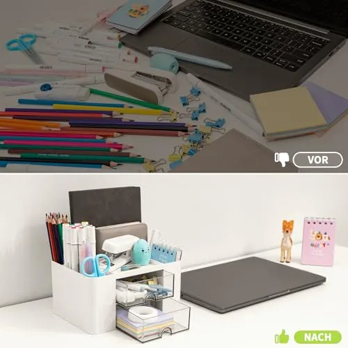 RISEMART Schreibtischorganisator mit 2 Schubladen, multifunktionaler Stifthalter für den Schreibtisch, Schreibtischorganisatoren und Aufbewahrung mit 5 Fächern, Desktop-Organizer für Büro