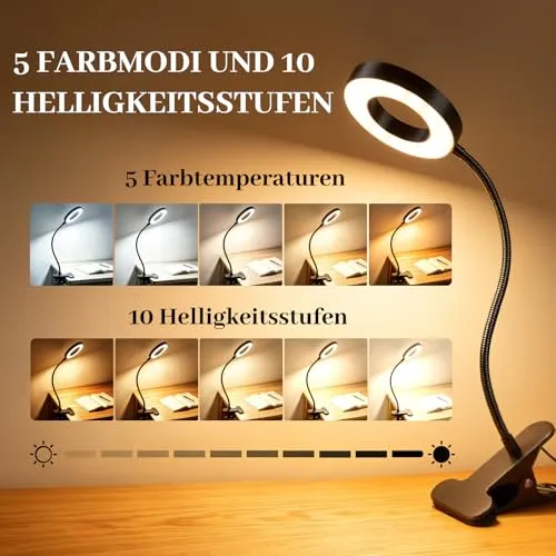 Akynite Klemmlampe Bett mit Timer, 2A Adapter enthalten, 5 Farbmodi 10 Helligkeit, LED Schwanenhals Lampe, Leselampe Bett Klemmbar, Bettlampe Klemme, Lampe USB Klemmleuchte Schwarz