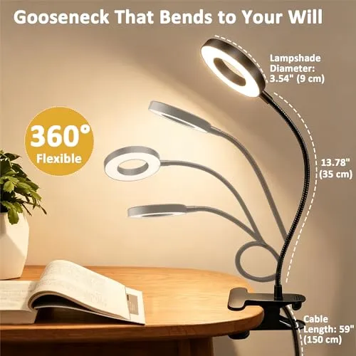 Akynite Klemmlampe Bett mit Timer, 2A Adapter enthalten, 5 Farbmodi 10 Helligkeit, LED Schwanenhals Lampe, Leselampe Bett Klemmbar, Bettlampe Klemme, Lampe USB Klemmleuchte Schwarz
