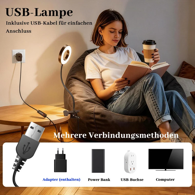 Akynite Klemmlampe Bett mit Timer, 2A Adapter enthalten, 5 Farbmodi 10 Helligkeit, LED Schwanenhals Lampe, Leselampe Bett Klemmbar, Bettlampe Klemme, Lampe USB Klemmleuchte Schwarz
