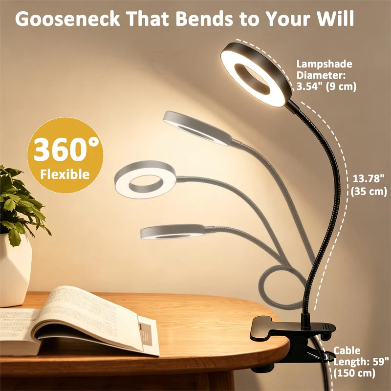 Akynite Klemmlampe Bett mit Timer, 2A Adapter enthalten, 5 Farbmodi 10 Helligkeit, LED Schwanenhals Lampe, Leselampe Bett Klemmbar, Bettlampe Klemme, Lampe USB Klemmleuchte Schwarz
