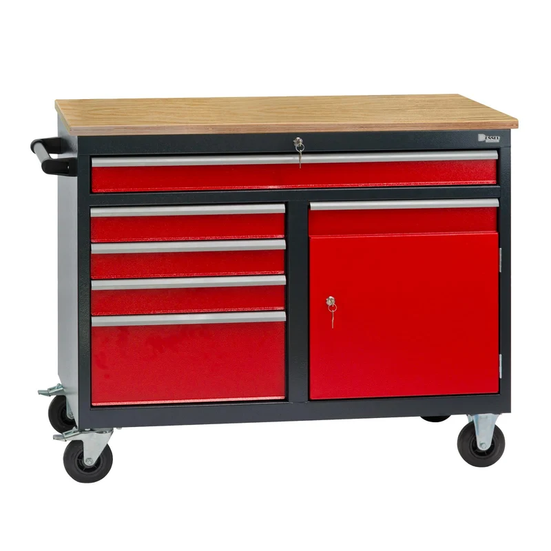 Mobile Werkbank Werktisch Transportwagen rot/anthrazit 5 Schubladen 1 Tür 120x60x93 cm
