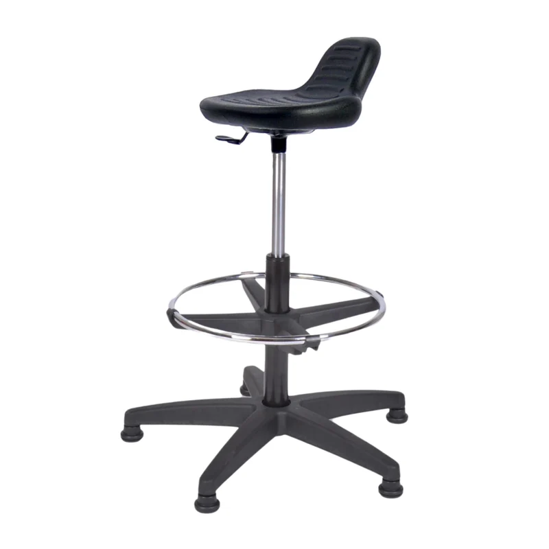 Topsit IND000014 Arbeitshocker Stehhilfe hoch mit Fußring zur Ablage, Abwischbar für Labor geeignet, Hartschaum Schwarz, 40 x 43 x 85 cm