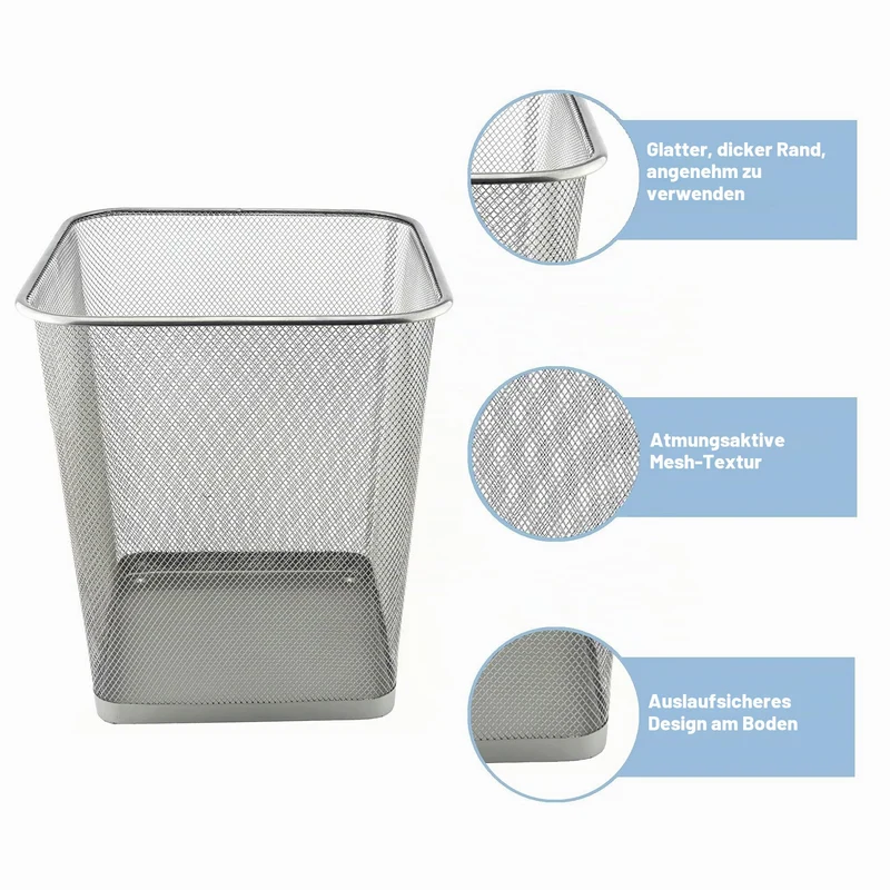 D.RECT Papierkorb Büro 18L - Abfalleimer, Papierkorb aus Drahtgeflecht Mülleimer, Papiereimer - Metall Büroeimer Mesh Eckig, Silber