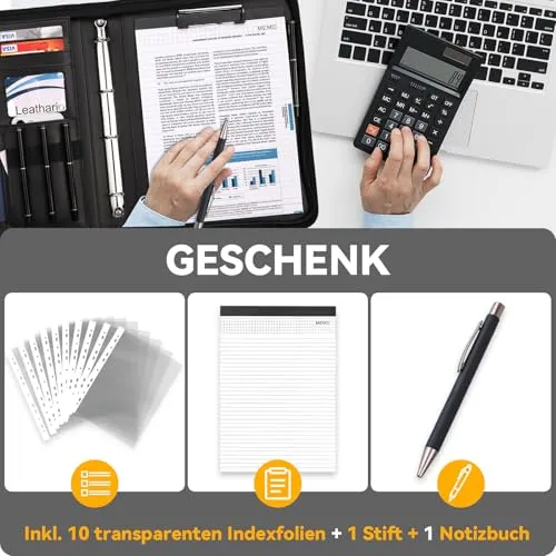 Leathario Schreibmappe A4 mit Reißverschluss, Konferenzmappe 10 Klarsichthüllen, Dokumentenmappe 4 Ringbuch, Ringmappe, Aktenmappe mit Notizblock,Mappe, für Meeting, Business ikl.1 Kugelschreiber