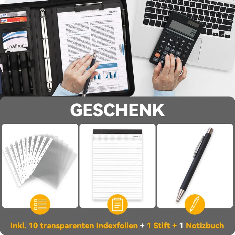 Leathario Schreibmappe A4 mit Reißverschluss, Konferenzmappe 10 Klarsichthüllen, Dokumentenmappe 4 Ringbuch, Ringmappe, Aktenmappe mit Notizblock,Mappe, für Meeting, Business ikl.1 Kugelschreiber