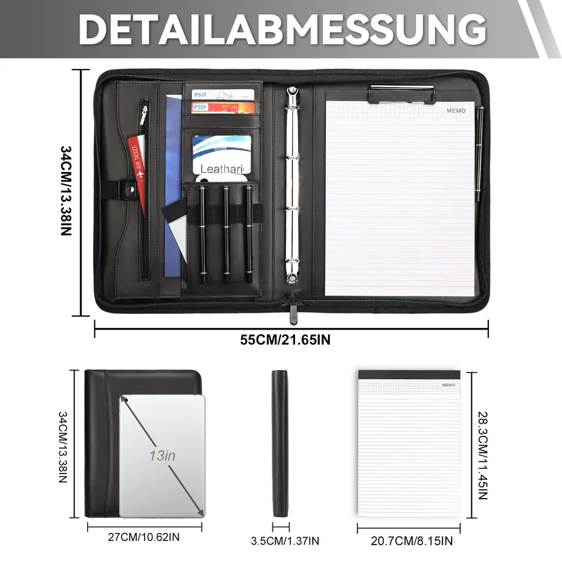 Leathario Schreibmappe A4 mit Reißverschluss, Konferenzmappe 10 Klarsichthüllen, Dokumentenmappe 4 Ringbuch, Ringmappe, Aktenmappe mit Notizblock,Mappe, für Meeting, Business ikl.1 Kugelschreiber