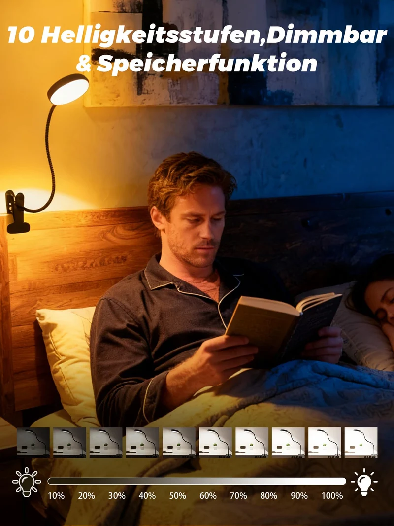 Leselampe Bett, 10 RGB Farben+10 Helligkeit Klemmlampe, 72 LED Klemmleuchte