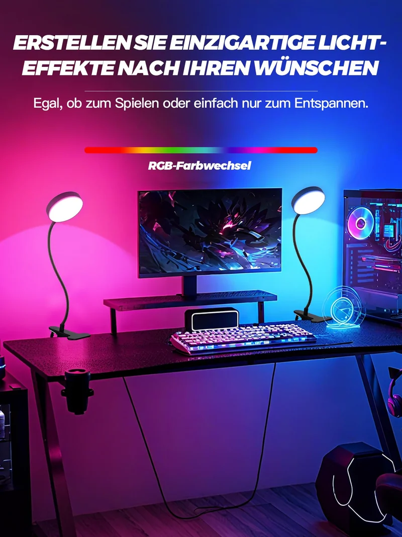 Leselampe Bett, 10 RGB Farben+10 Helligkeit Klemmlampe, 72 LED Klemmleuchte