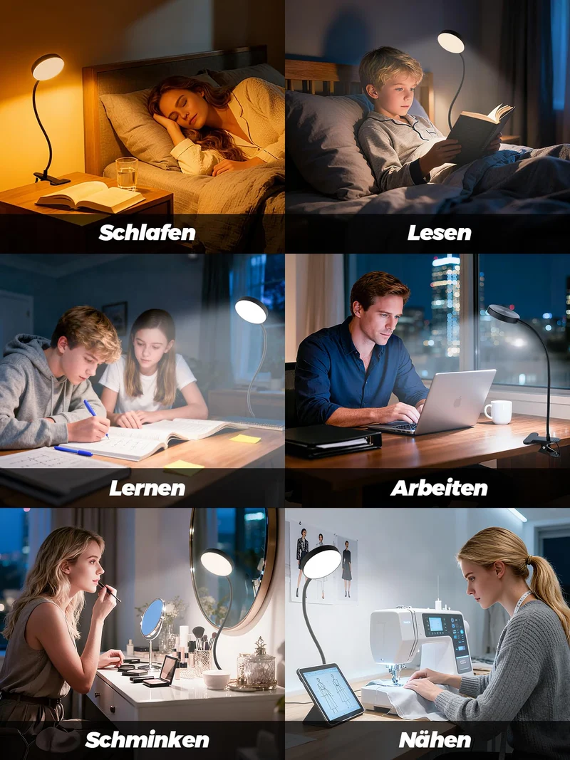 Leselampe Bett, 10 RGB Farben+10 Helligkeit Klemmlampe, 72 LED Klemmleuchte