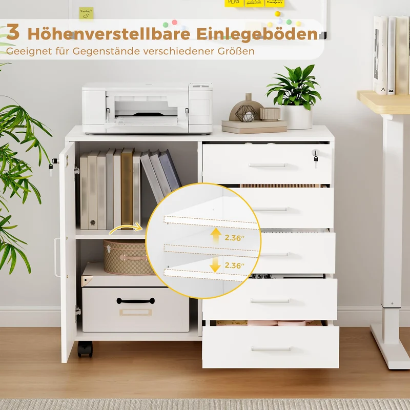 BEWISHOME Rollcontainer Schreibtisch mit 5 Schubladen Weiß