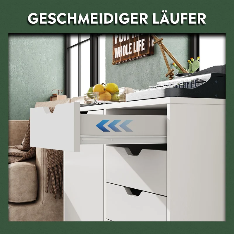 DEVAISE Rollcontainer mit 5 Schubladen, Schrankfach, Mobil, Weiß