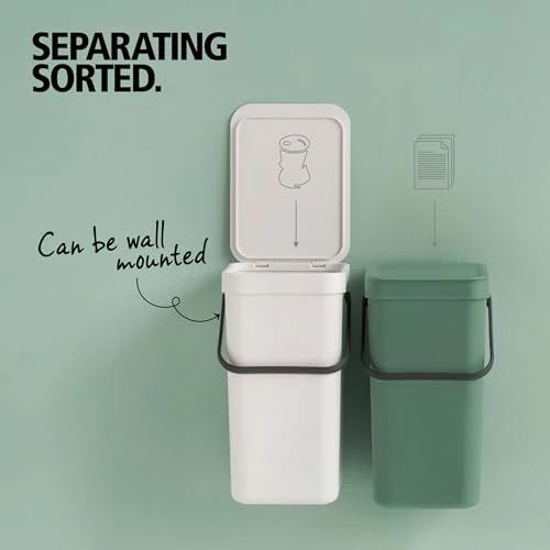 Brabantia Sort & Go Abfalleimer mit Deckel 12 L (grau), platzsparender Pfandsammler mit Griff, abnehmbarer, feststellbarer Deckel, leicht zu reinigender großer Mülleimer ohne Ecken und Ränder
