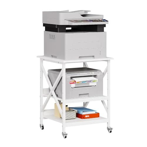 VEDECASA 3 Ebenen Druckerständer mit Rollen, Großer Druckertisch 60x60cm mit Ablagen, Stabiler Druckerwagen mit X-Rahmen für Büro und Home Office, Weiß, Passt Fuer Grosse Drucker,Leicht Beweglich,Weiß