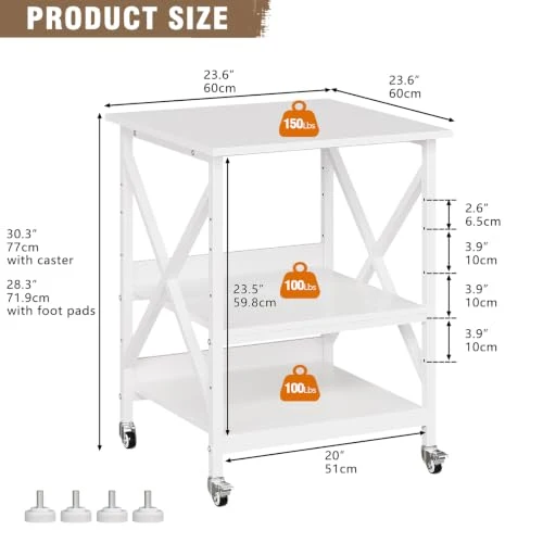VEDECASA 3 Ebenen Druckerständer mit Rollen, Großer Druckertisch 60x60cm mit Ablagen, Stabiler Druckerwagen mit X-Rahmen für Büro und Home Office, Weiß, Passt Fuer Grosse Drucker,Leicht Beweglich,Weiß