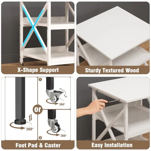 VEDECASA 3 Ebenen Druckerständer mit Rollen, Großer Druckertisch 60x60cm mit Ablagen, Stabiler Druckerwagen mit X-Rahmen für Büro und Home Office, Weiß, Passt Fuer Grosse Drucker,Leicht Beweglich,Weiß