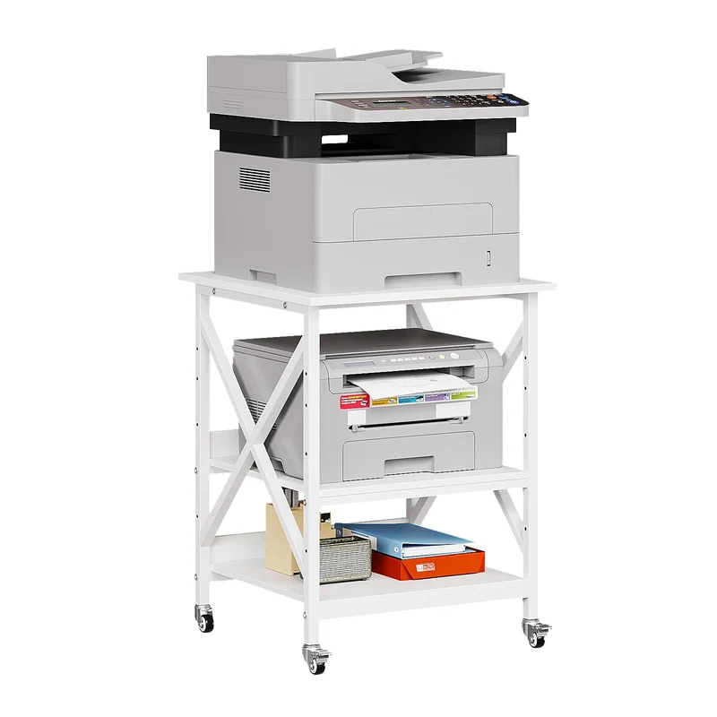 VEDECASA 3 Ebenen Druckerständer mit Rollen, Großer Druckertisch 60x60cm mit Ablagen, Stabiler Druckerwagen mit X-Rahmen für Büro und Home Office, Weiß, Passt Fuer Grosse Drucker,Leicht Beweglich,Weiß