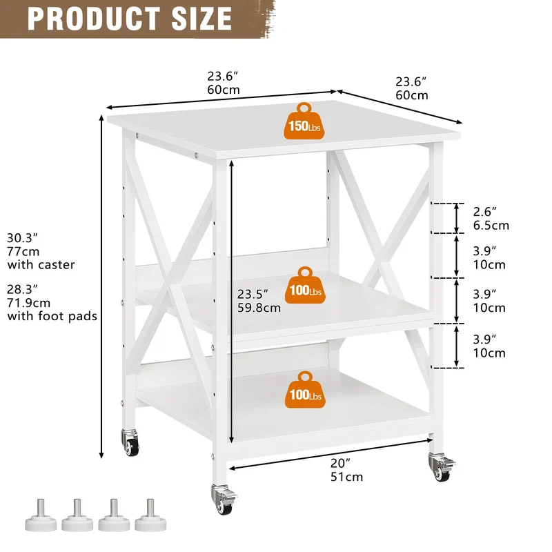 VEDECASA 3 Ebenen Druckerständer mit Rollen, Großer Druckertisch 60x60cm mit Ablagen, Stabiler Druckerwagen mit X-Rahmen für Büro und Home Office, Weiß, Passt Fuer Grosse Drucker,Leicht Beweglich,Weiß