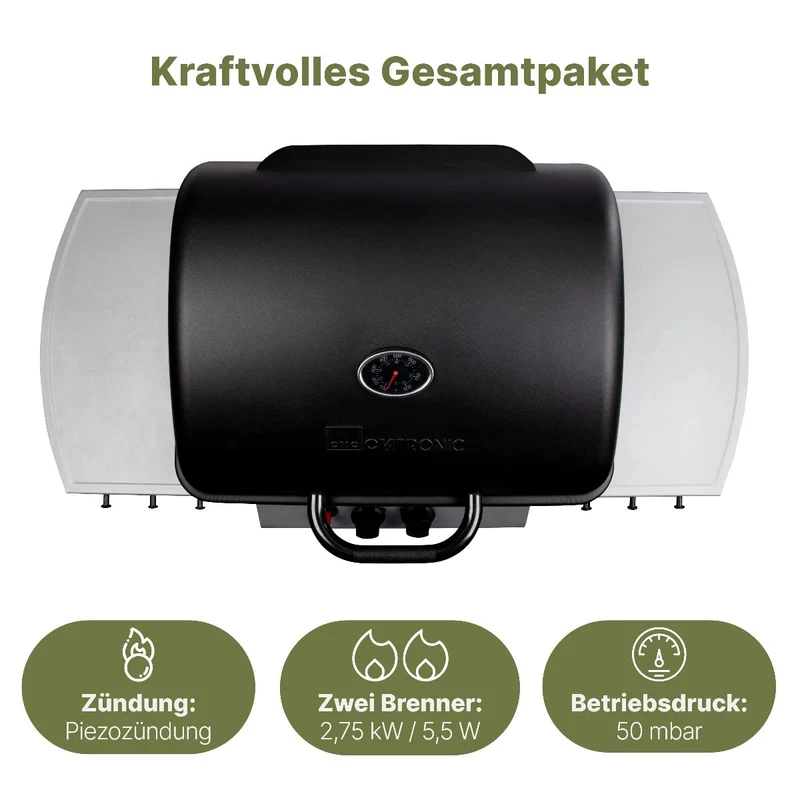 Clatronic® Gasgrill mit 2 Heizzonen | individuelle Temperatursteuerung | inkl. Grillrost + Warmhalterost | Grill mit praktischem Ablagekorb und großem Stauraum für Gasflasche | GG 3590