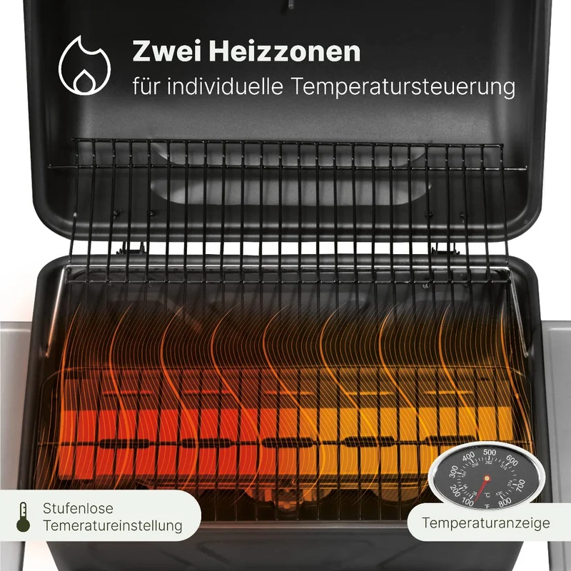 Clatronic® Gasgrill mit 2 Heizzonen | individuelle Temperatursteuerung | inkl. Grillrost + Warmhalterost | Grill mit praktischem Ablagekorb und großem Stauraum für Gasflasche | GG 3590